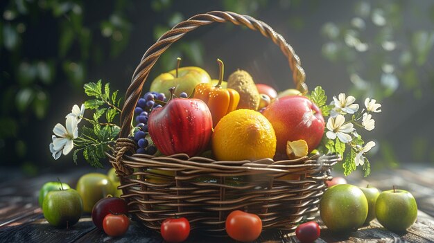 Photo un panier avec des fruits et des légumes