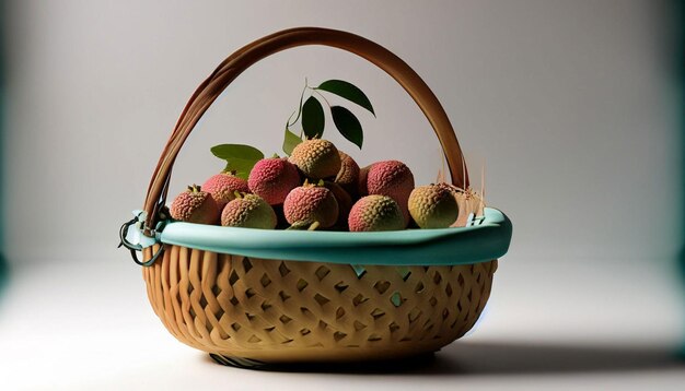 Un panier de fruits de litchi est sur une table.