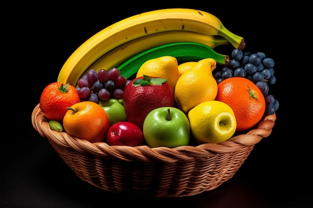 panier avec des fruits mûrs comme un arc-en-ciel