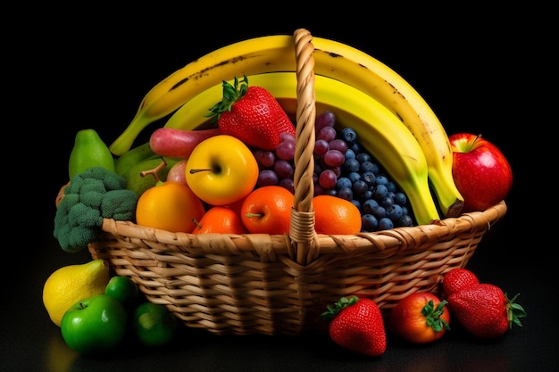 panier avec des fruits mûrs comme un arc-en-ciel