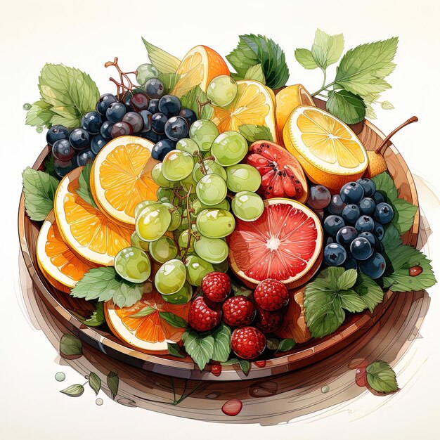 un panier de fruits, y compris des raisins, des oranges et des raisins verts