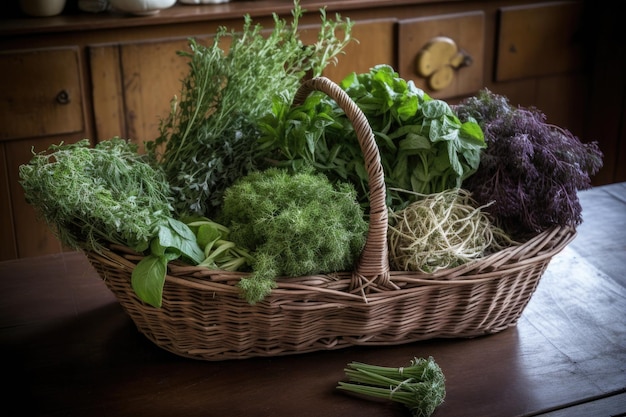 Un panier d'herbes fraîchement cueillies prêtes à l'emploi dans la cuisine créée avec l'IA générative