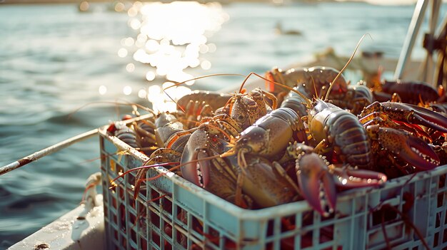 Un panier de homards sur un bateau dans l'eau