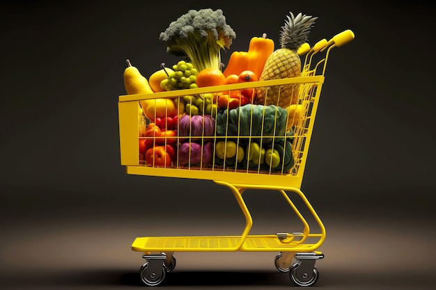 Panier jaune vif plein de fruits et légumes frais debout dans un supermarché