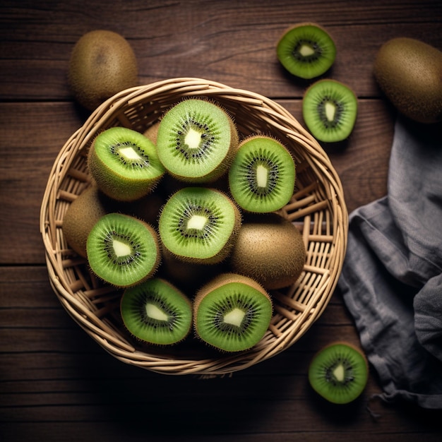 Photo un panier de kiwis avec un chiffon sur la table