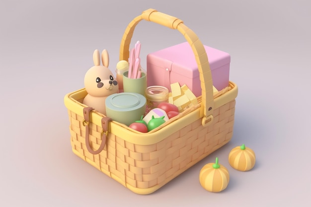 Un panier avec un lapin dessus et une boîte avec une boîte de nourriture.