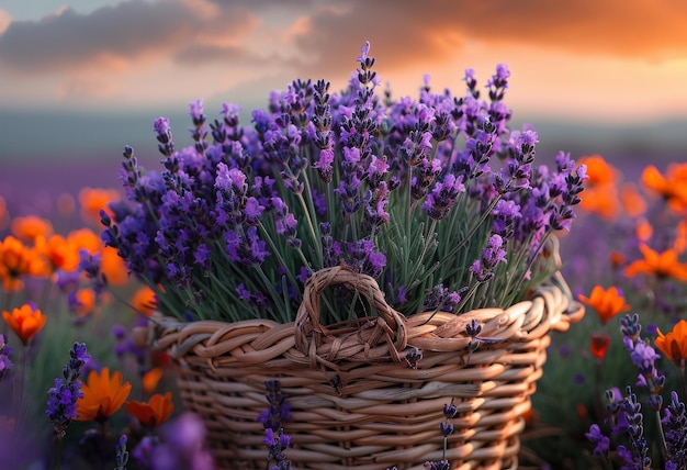 Un panier avec de la lavande au coucher du soleil