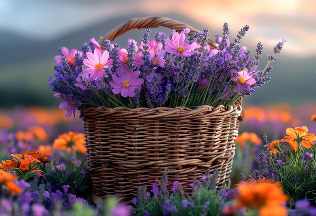 Un panier avec de la lavande et du camomille au coucher du soleil.