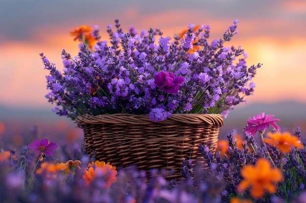 Un panier avec de la lavande et des marigolds au coucher du soleil