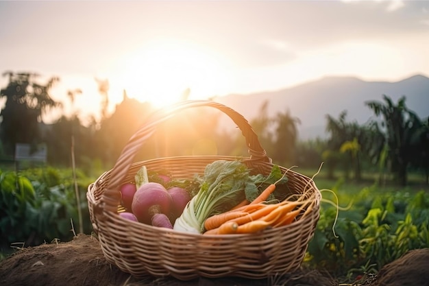 Panier de légumes au sol avec fond de ferme