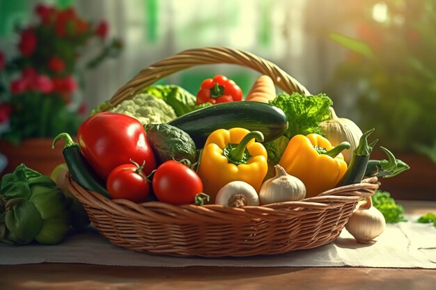 un panier de légumes avec un basket de légumes sur la table.