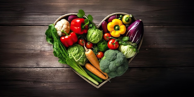 un panier de légumes et une boîte en forme de coeur avec une boîte de légumes en forme de coeur