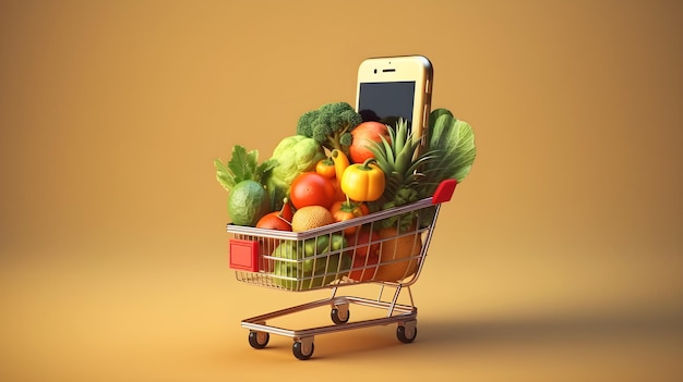 panier avec légumes et commande en ligne par téléphone intelligent