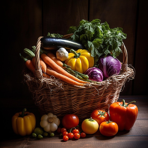 un panier de légumes comprenant des carottes, des oignons, des tomates et des concombres.