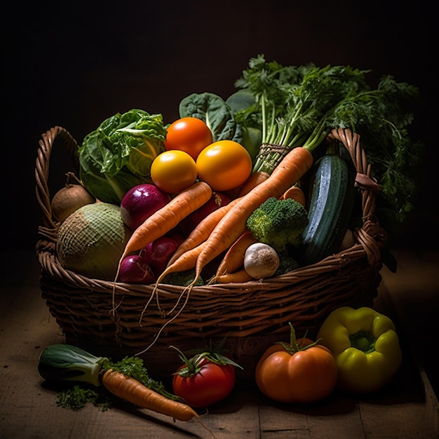 un panier de légumes comprenant des carottes, des radis, des tomates et d'autres légumes.
