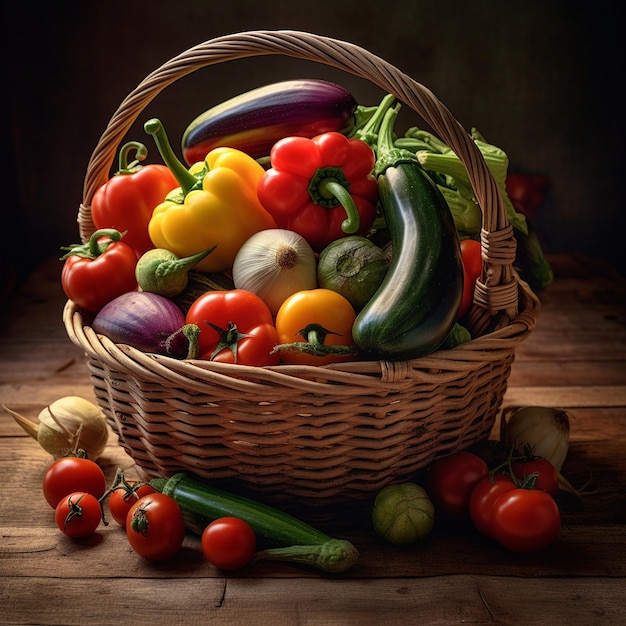 un panier de légumes comprenant des courgettes, des tomates et des concombres.