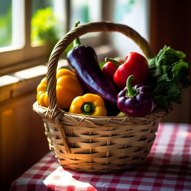 un panier de légumes avec un drap à carreaux rouge et blanc.