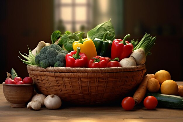 un panier de légumes avec une fenêtre en arrière-plan.