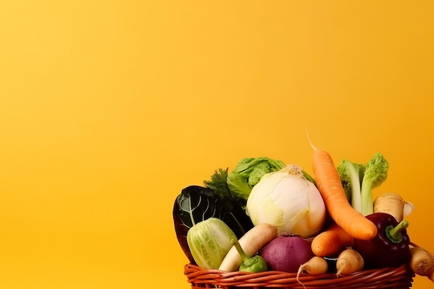 Un panier de légumes avec un fond jaune.