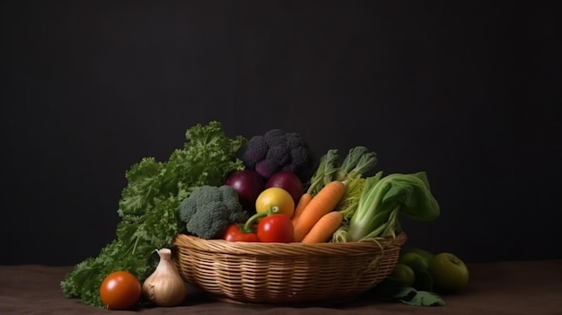 Un panier de légumes avec un fond noir