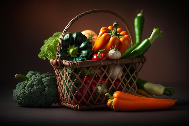 Un panier de légumes avec un fond sombre