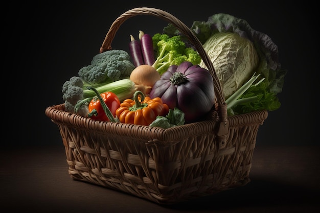 Un panier de légumes sur fond sombre