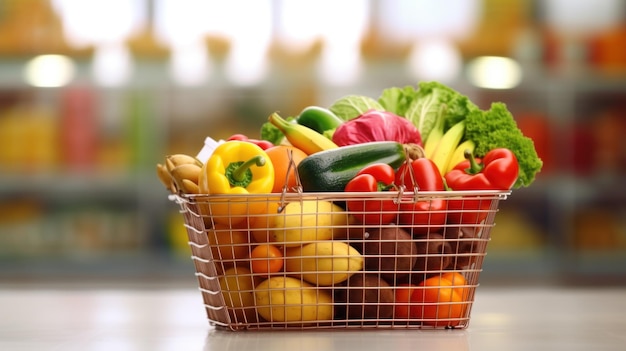 Photo panier avec des légumes frais dans l'épicerie du supermarché