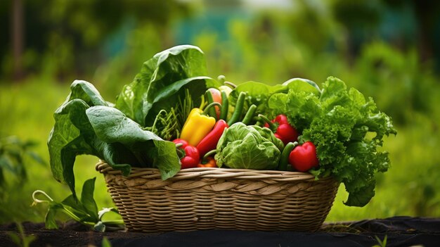 panier avec des légumes frais sur une table en bois dans le jardin en gros plan