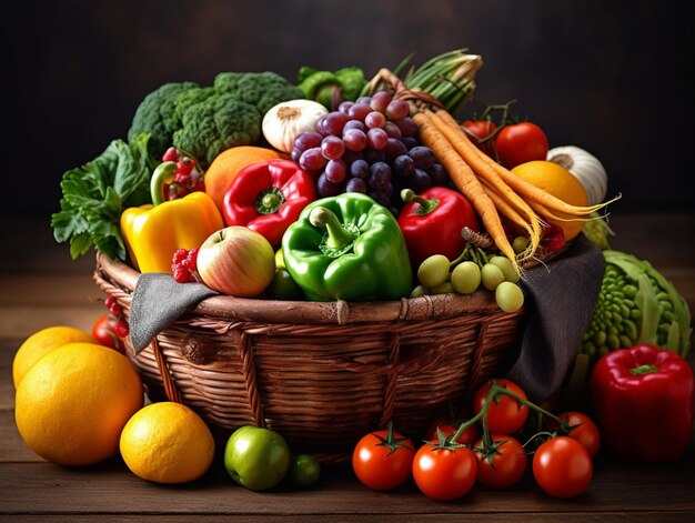 un panier de légumes et de fruits sur une table avec un panier de légumes.