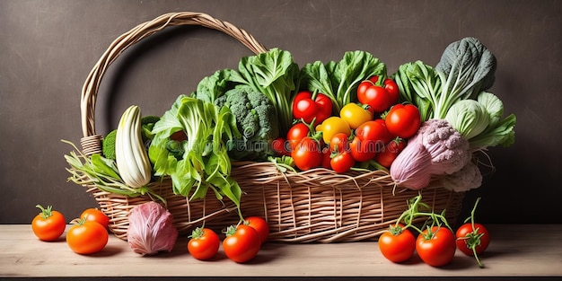 Un panier de légumes avec le mot « frais » sur le fond.