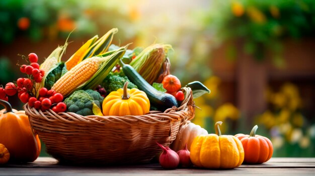 Un panier avec des légumes sur la table.