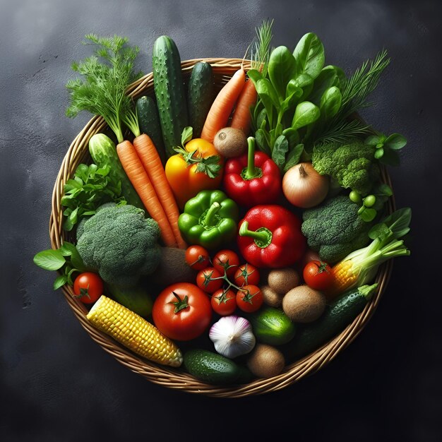 Photo un panier de légumes en vue de haut sur une surface noire avec un fond sombre