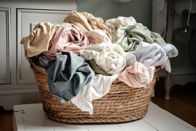 Panier à linge débordant de linge fraîchement lavé créé avec une IA générative