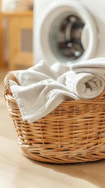 Photo panier à linge avec linge blanc à la machine à laver