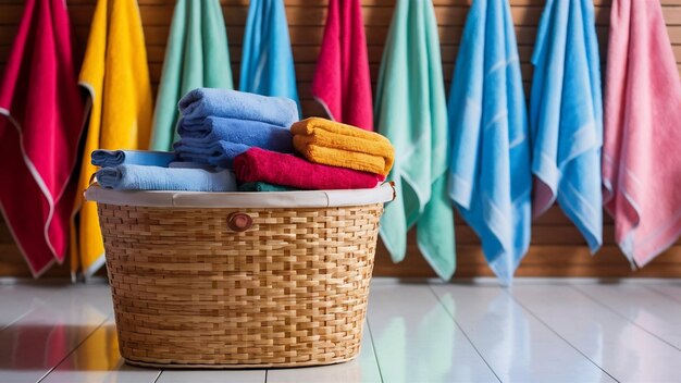 Photo un panier à linge avec des serviettes colorées en arrière-plan