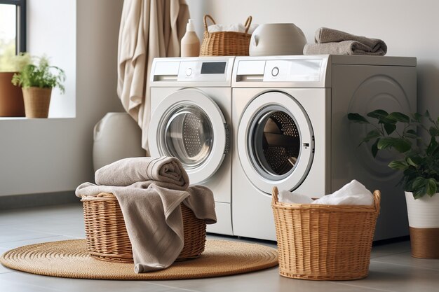 Un panier à linge avec des serviettes à côté d'une machine à laver.