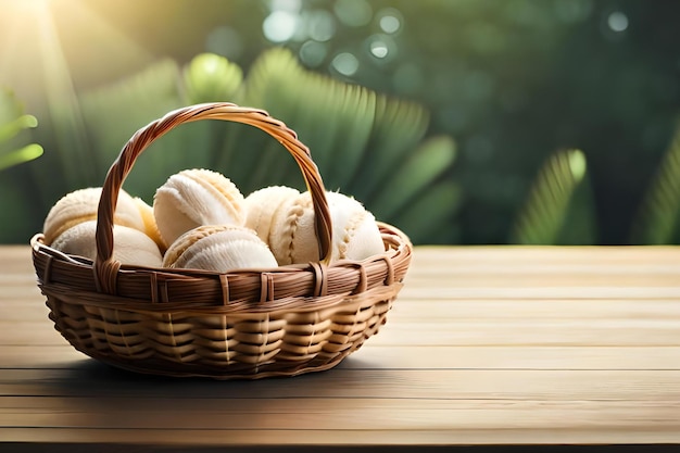 Panier de macarons français sur une table en bois