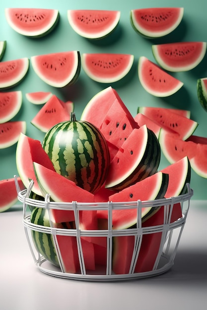 Photo panier de magasinage en verre avec beaucoup de pastèque dans le fond de papier blanc isolé