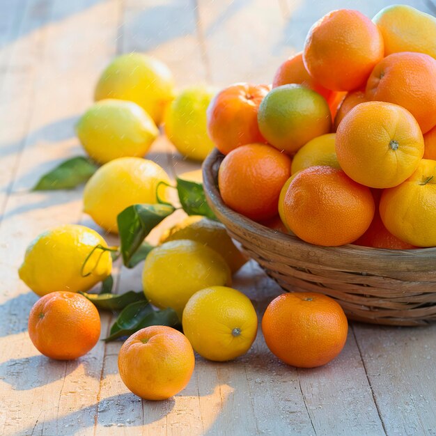 Un panier de mandarines fraîches et de citrons sur un fond en bois