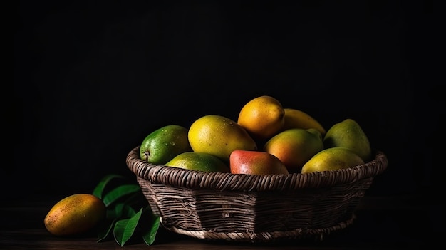 Un panier de mangues est posé sur une table avec un fond noir.