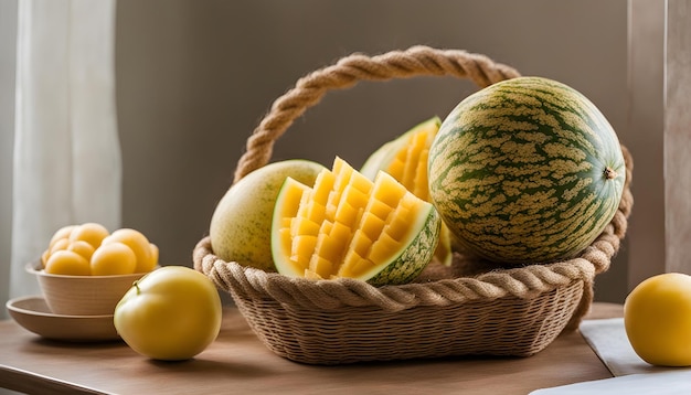 un panier de melon d'eau et de melon sur une table