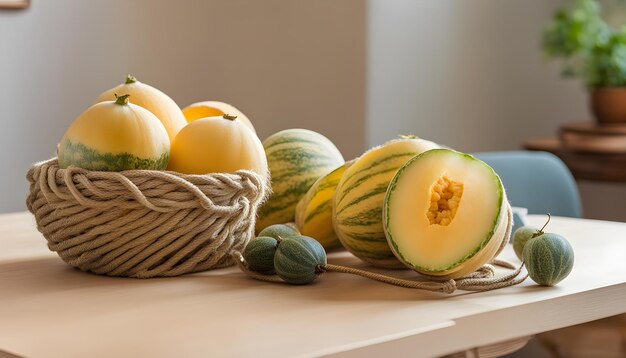 un panier de melons et de melons sur une table avec un panier à fruits