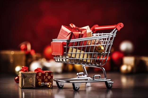 Panier miniature avec des objets de Noël sur une table en bois IA générative