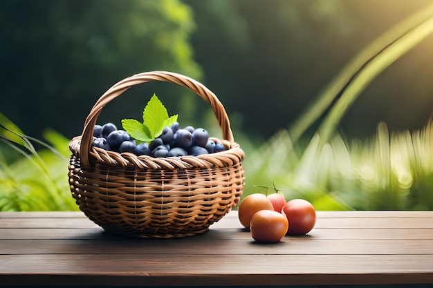 Un panier de myrtilles est posé sur une table devant un jardin.