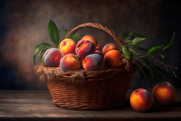 Un panier de nectarines sucrées repose sur une table en bois gris