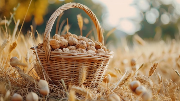 Un panier de noix dans un champ