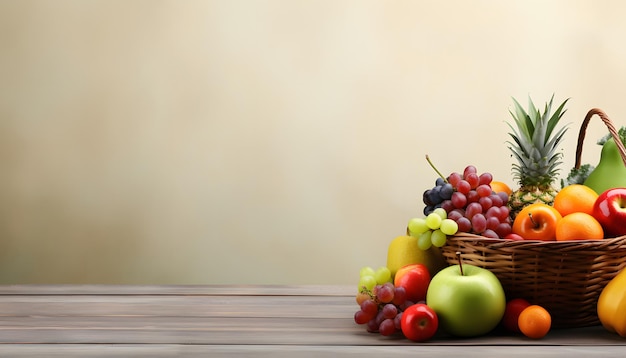 Panier avec de nombreux types de fruits copiez l'arrière-plan de l'espace