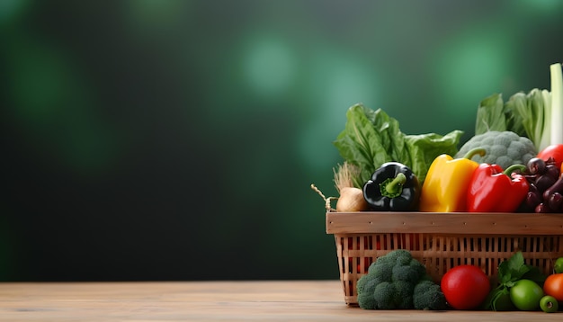 Panier avec de nombreux types de légumes dans l'arrière-plan de l'espace de copie de table