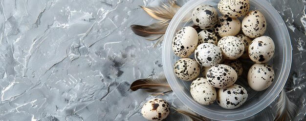 un panier d'œufs de caille avec des plumes sur le dessus