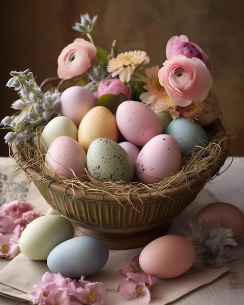 Un panier d'œufs colorés est posé sur une table avec une fleur rose.